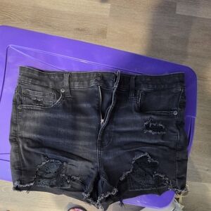 American Eagle Outfitters Black Distressed Lace-Inset Denim Shorts